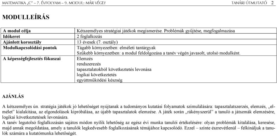 Problémák gyűjtése, megfogalmazása 2 foglalkozás 13 évesek (7. osztály) Tágabb környezetben: elméleti tantárgyak Szűkebb környezetben: a modul feldolgozása a tanév végén javasolt, utolsó modulként.