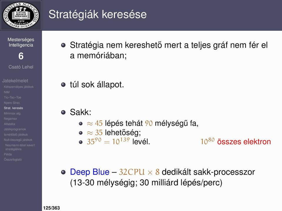 Sakk: 45 lépés tehát 90 mélységű fa, 35 lehetőség; 35 90 = 10 139 levél.