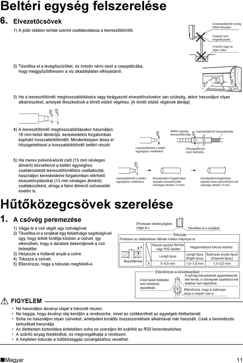 3) Ha a leeresztőtömlő meghosszabbítására vagy beágyazott elvezetőcsövekre van szükség, akkor használjon olyan alkatrészeket, amelyek illeszkednek a tömlő elülső végéhez.