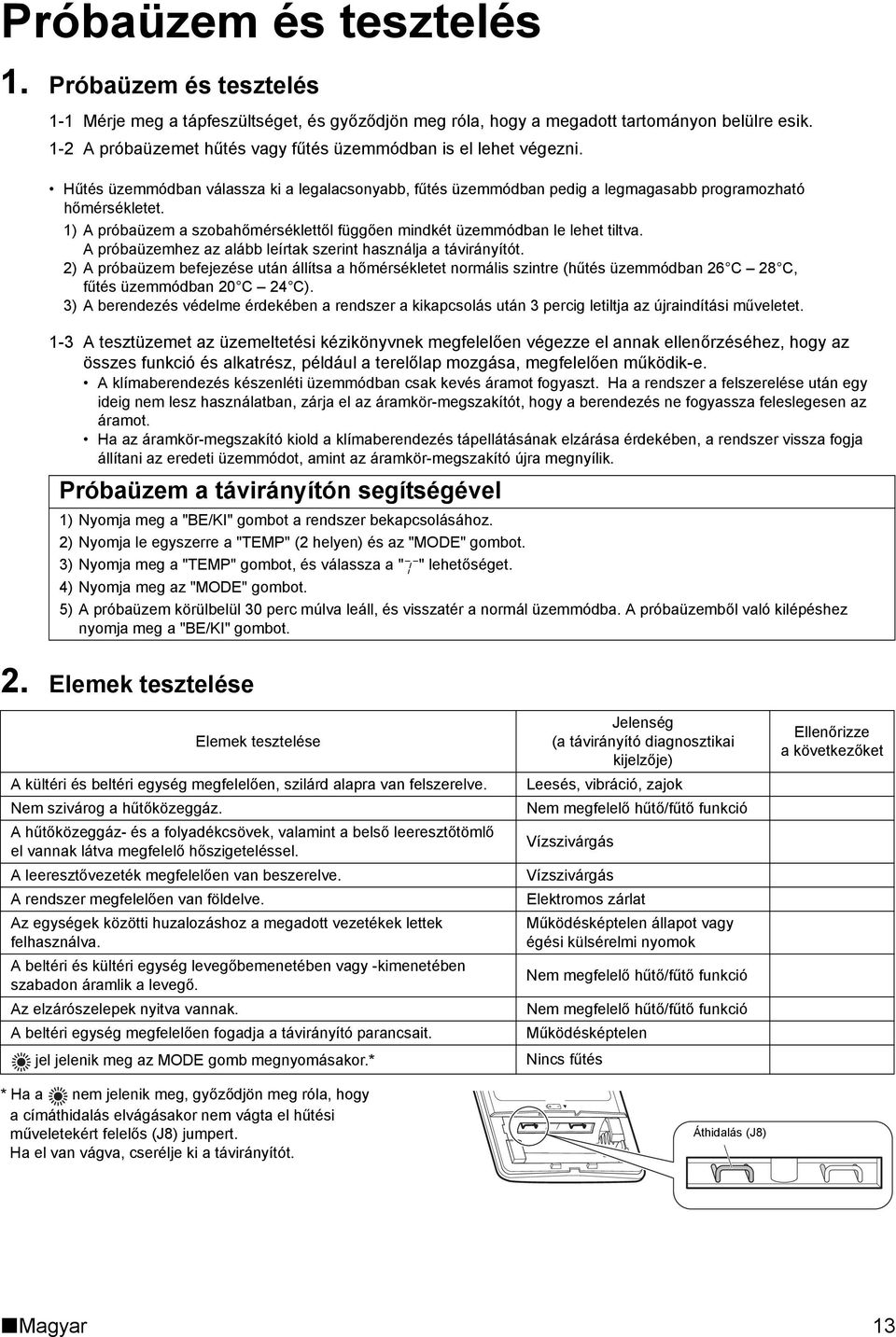 1) A próbaüzem a szobahőmérséklettől függően mindkét üzemmódban le lehet tiltva. A próbaüzemhez az alább leírtak szerint használja a távirányítót.