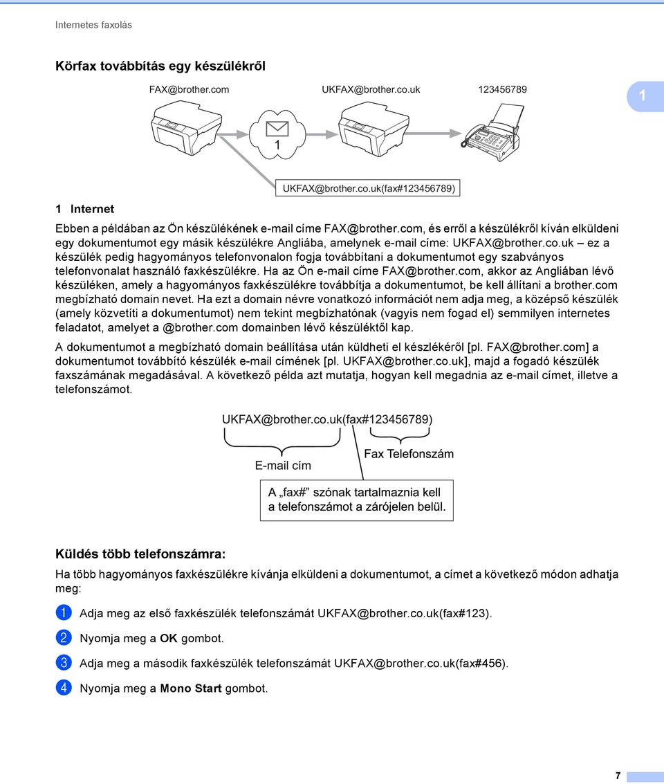 Ha az Ön e-mail címe FAX@brother.com, akkor az Angliában lévő készüléken, amely a hagyományos faxkészülékre továbbítja a dokumentumot, be kell állítani a brother.com megbízható domain nevet.