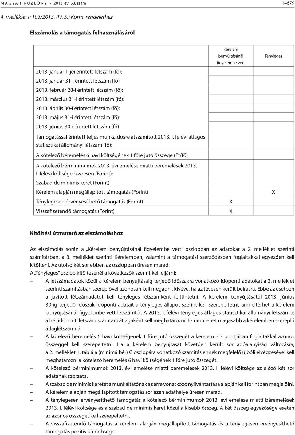 május 31-i érintett létszám (fő): 2013. június 30-i érintett létszám (fő) Támogatással érintett teljes munkaidősre átszámított 2013. I.