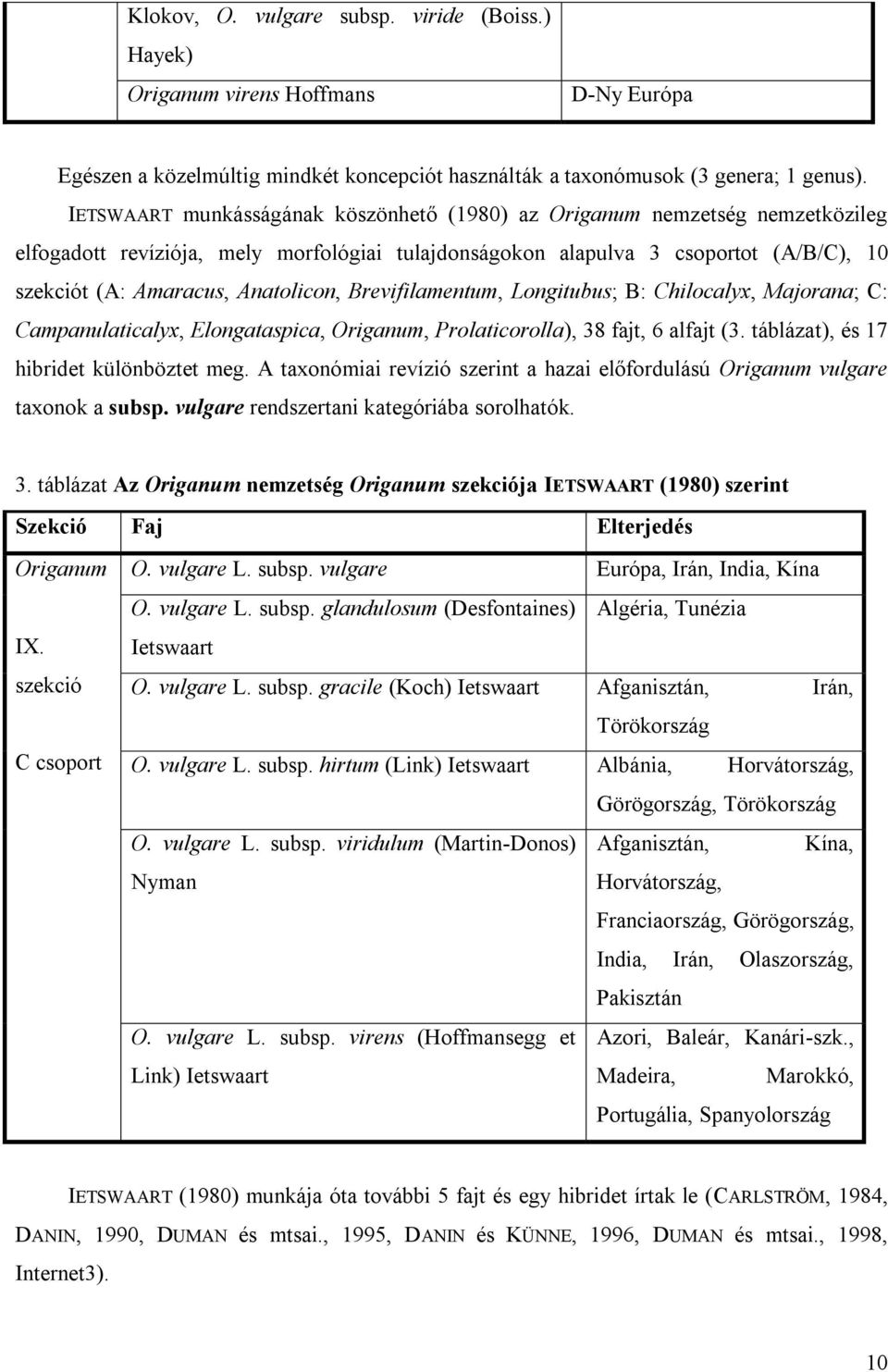 Anatolicon, Brevifilamentum, Longitubus; B: Chilocalyx, Majorana; C: Campanulaticalyx, Elongataspica, Origanum, Prolaticorolla), 38 fajt, 6 alfajt (3. táblázat), és 17 hibridet különböztet meg.