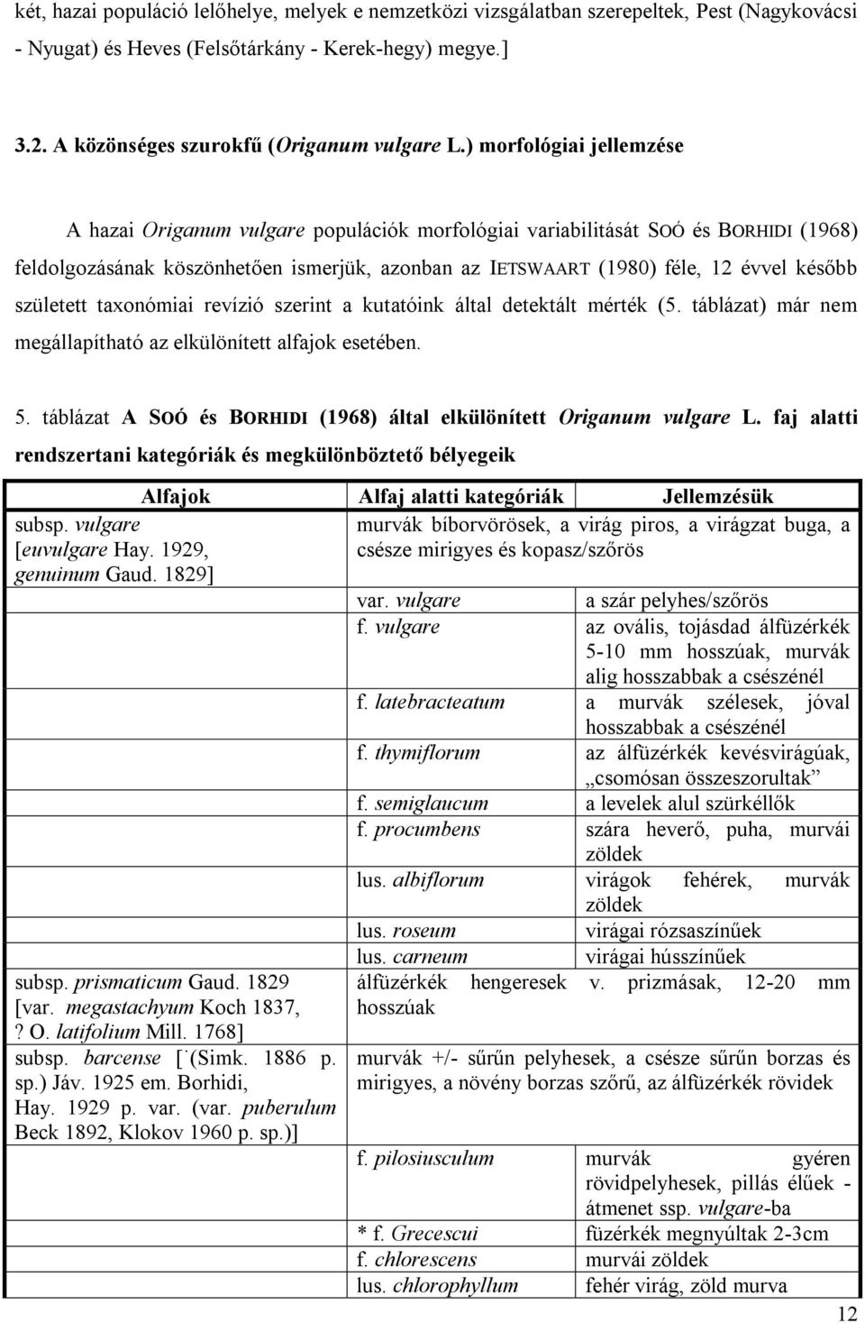 született taxonómiai revízió szerint a kutatóink által detektált mérték (5. táblázat) már nem megállapítható az elkülönített alfajok esetében. 5.