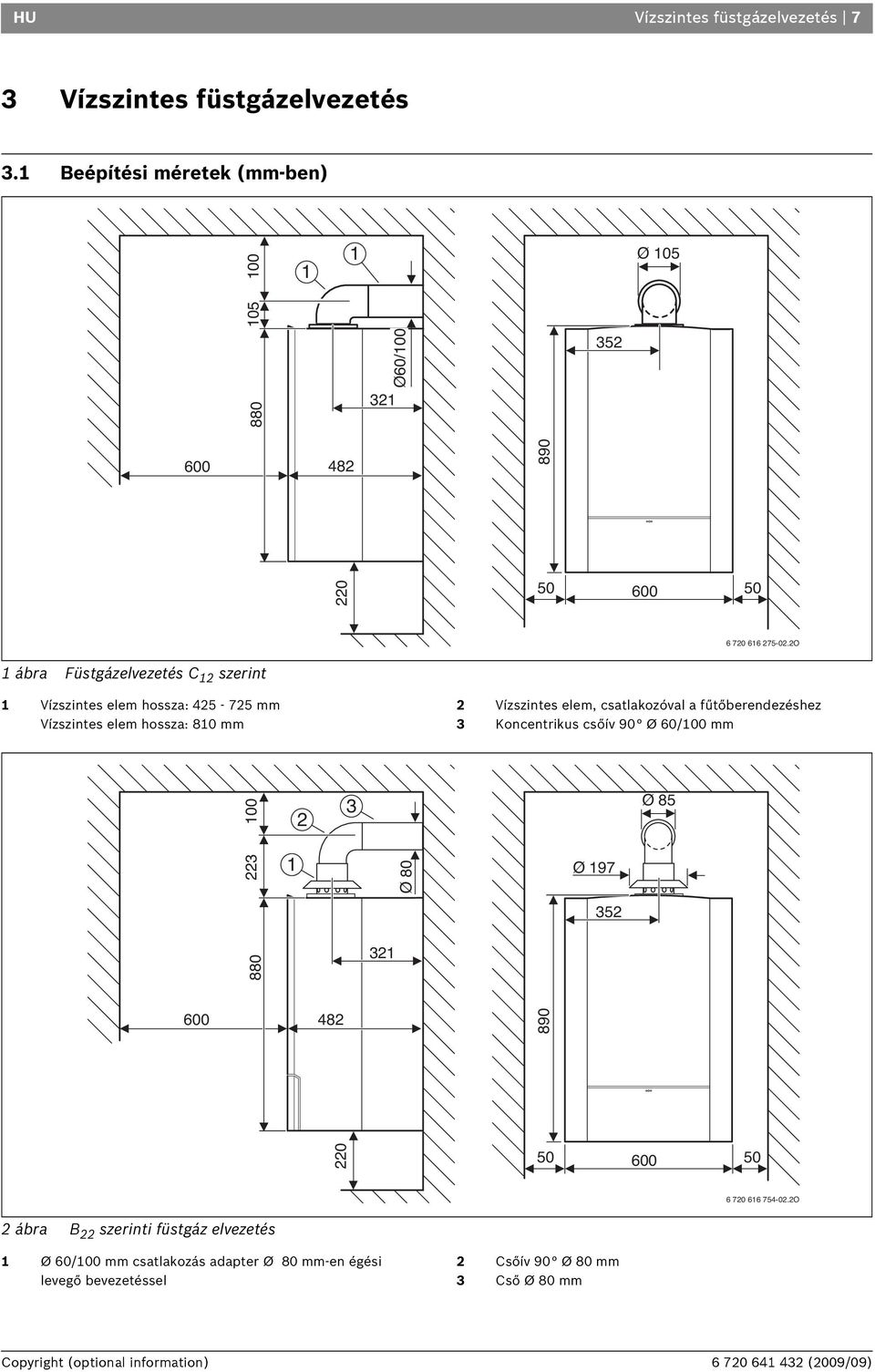 2O ábra Füstgázelvezetés C 2 szerint Vízszintes elem hossza: 425-725 mm Vízszintes elem hossza: 80 mm 2 Vízszintes elem, csatlakozóval a