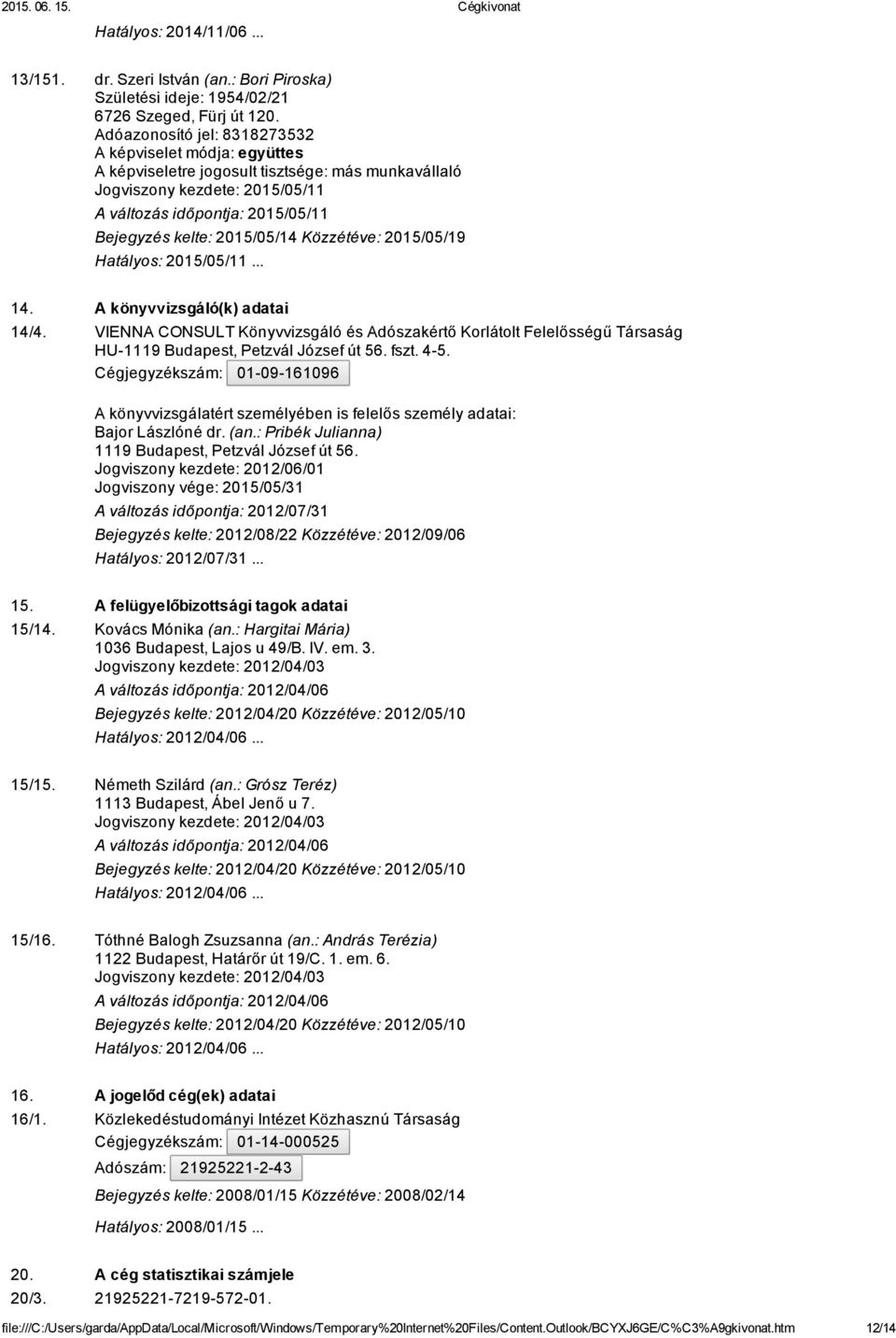 A könyvvizsgáló(k) adatai 14/4. VIENNA CONSULT Könyvvizsgáló és Adószakértő Korlátolt Felelősségű Társaság HU 1119 Budapest, Petzvál József út 56. fszt. 4 5.