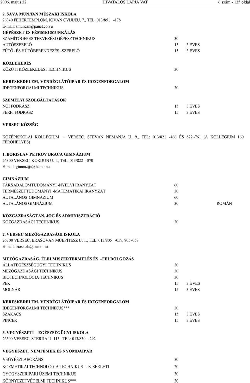 IDEGENFORGALMI TECHNIKUS 30 SZEMÉLYI SZOLGÁLTATÁSOK NÕI FODRÁSZ 15 3 ÉVES FÉRFI FODRÁSZ 15 3 ÉVES VERSEC KÖZSÉG KÖZÉPISKOLAI KOLLÉGIUM VERSEC, STEVAN NEMANJA U. 9.