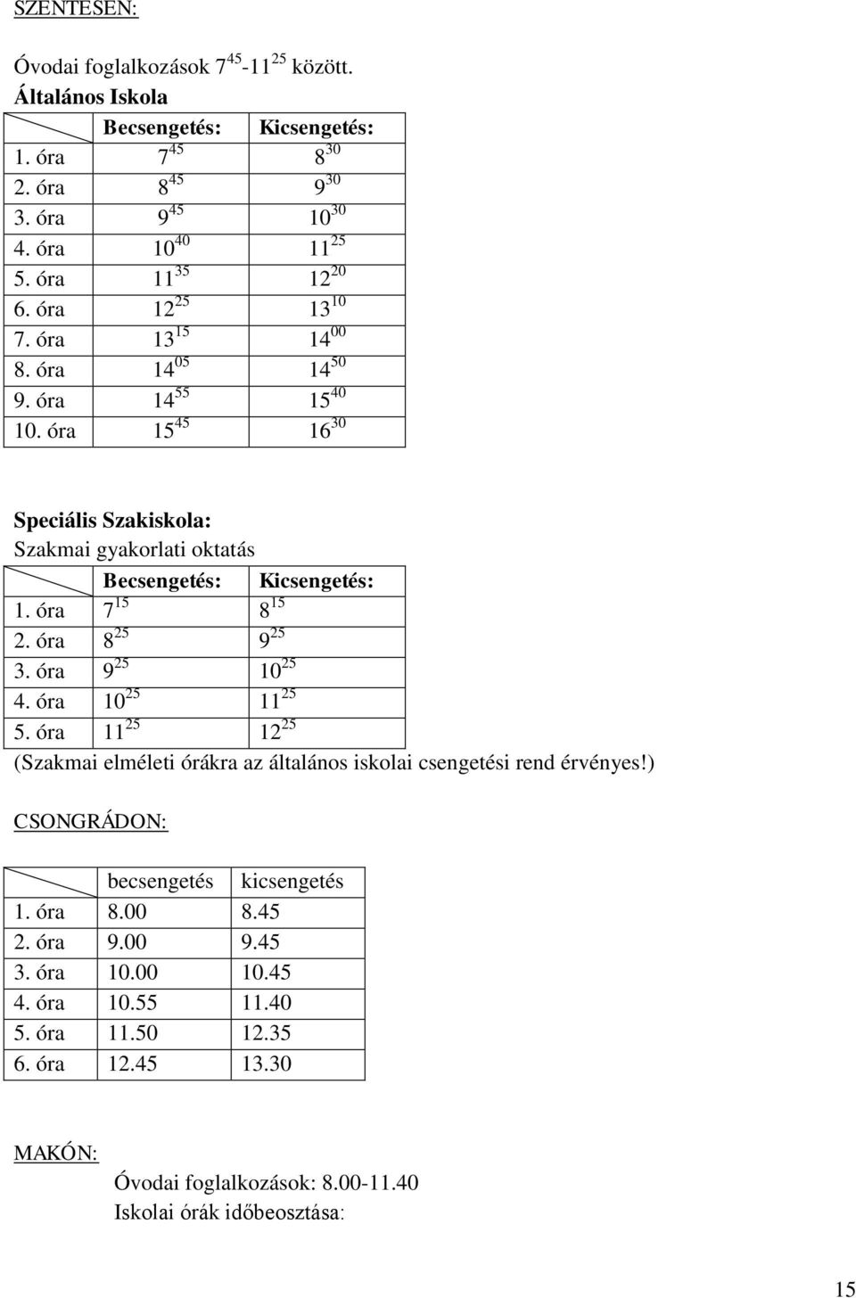 óra 15 45 16 30 Speciális Szakiskola: Szakmai gyakorlati oktatás Becsengetés: Kicsengetés: 1. óra 7 15 8 15 2. óra 8 25 9 25 3. óra 9 25 10 25 4. óra 10 25 11 25 5.