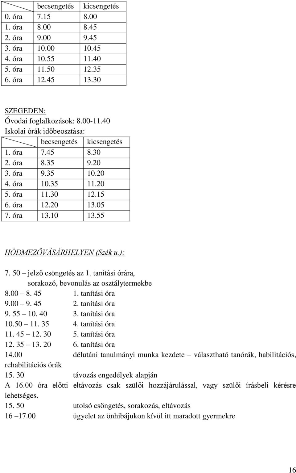 55 HÓDMEZŐVÁSÁRHELYEN (Szék u.): 7. 50 jelző csöngetés az 1. tanítási órára, sorakozó, bevonulás az osztálytermekbe 8.00 8. 45 1. tanítási óra 9.00 9. 45 2. tanítási óra 9. 55 10. 40 3.