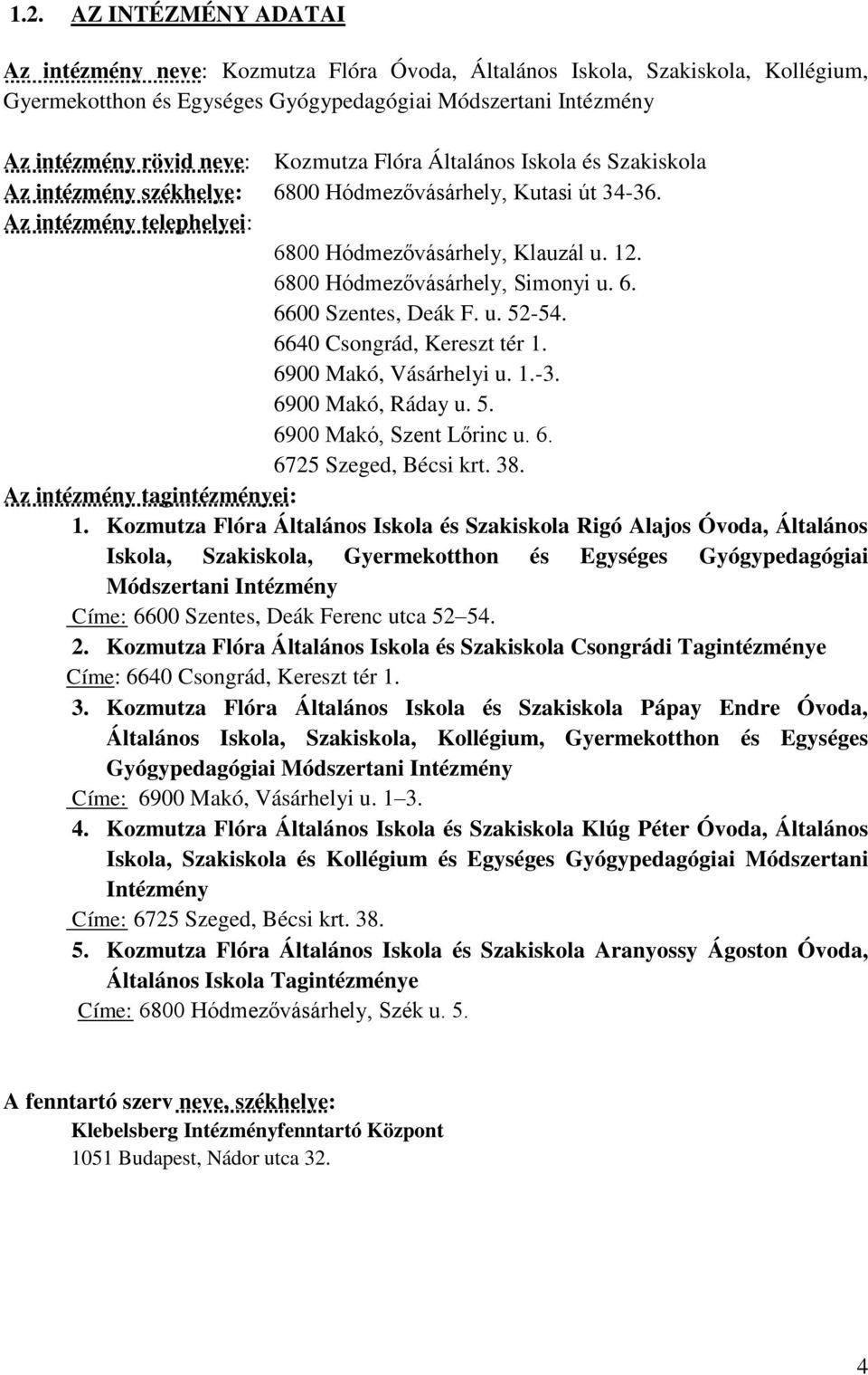 6800 Hódmezővásárhely, Simonyi u. 6. 6600 Szentes, Deák F. u. 52-54. 6640 Csongrád, Kereszt tér 1. 6900 Makó, Vásárhelyi u. 1.-3. 6900 Makó, Ráday u. 5. 6900 Makó, Szent Lőrinc u. 6. 6725 Szeged, Bécsi krt.
