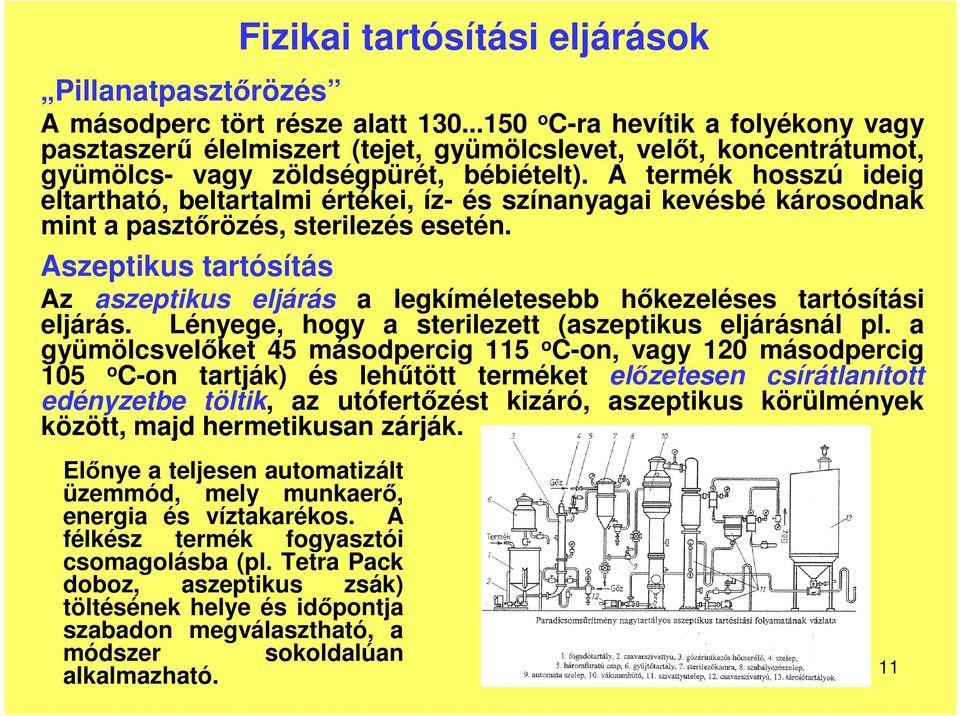 A termék hosszú ideig eltartható, beltartalmi értékei, íz- és színanyagai kevésbé károsodnak mint a pasztrözés, sterilezés esetén.