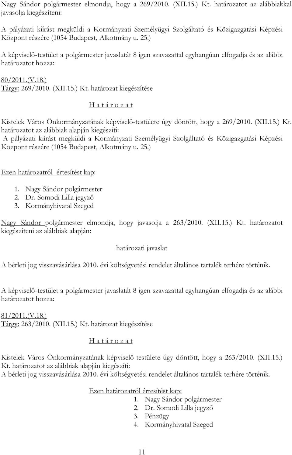 ) 80/2011.(V.18.) Tárgy: 269/2010. (XII.15.) Kt.