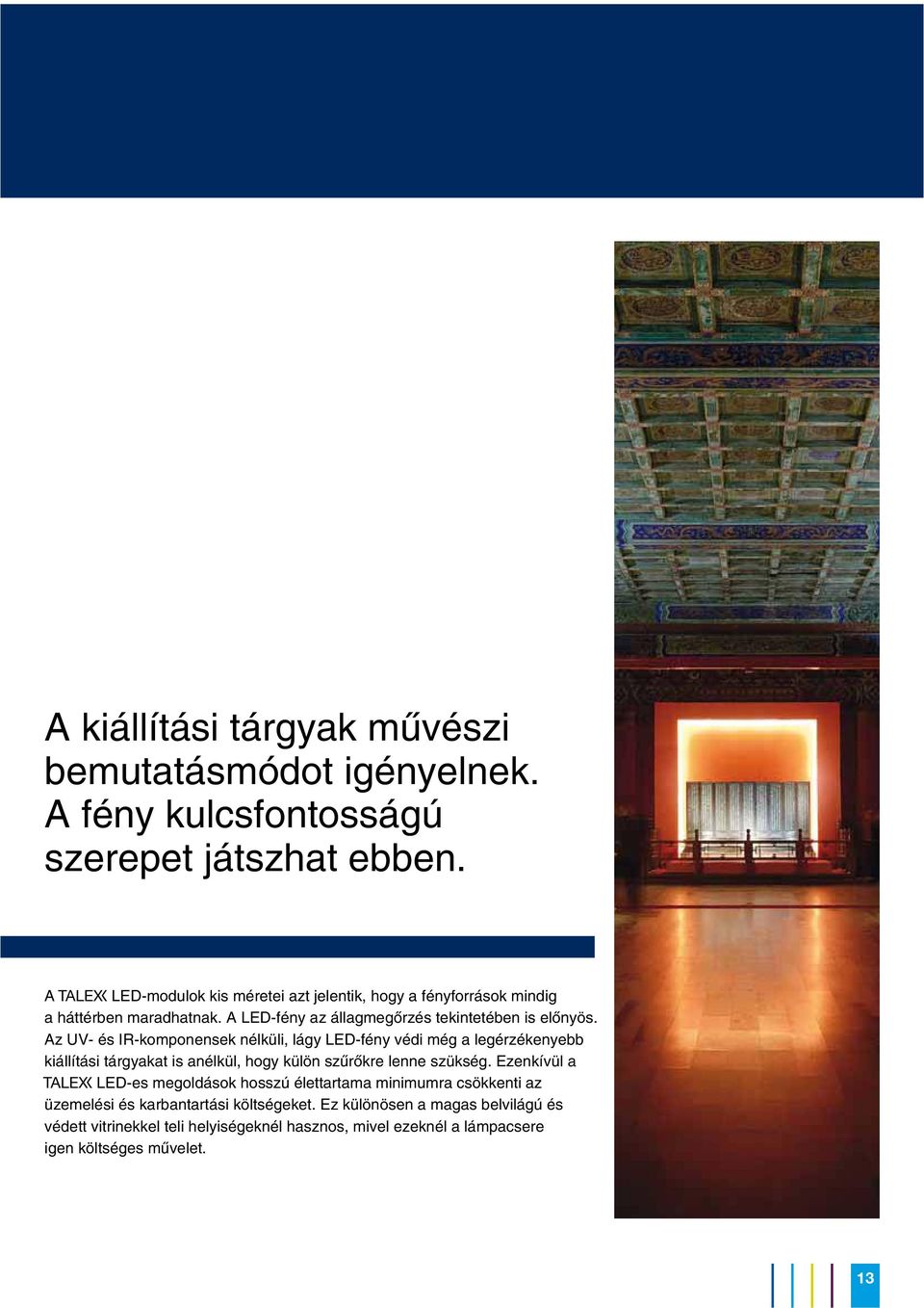 Az UV- és IR-komponensek nélküli, lágy LED-fény védi még a legérzékenyebb kiállítási tárgyakat is anélkül, hogy külön szûrõkre lenne szükség.