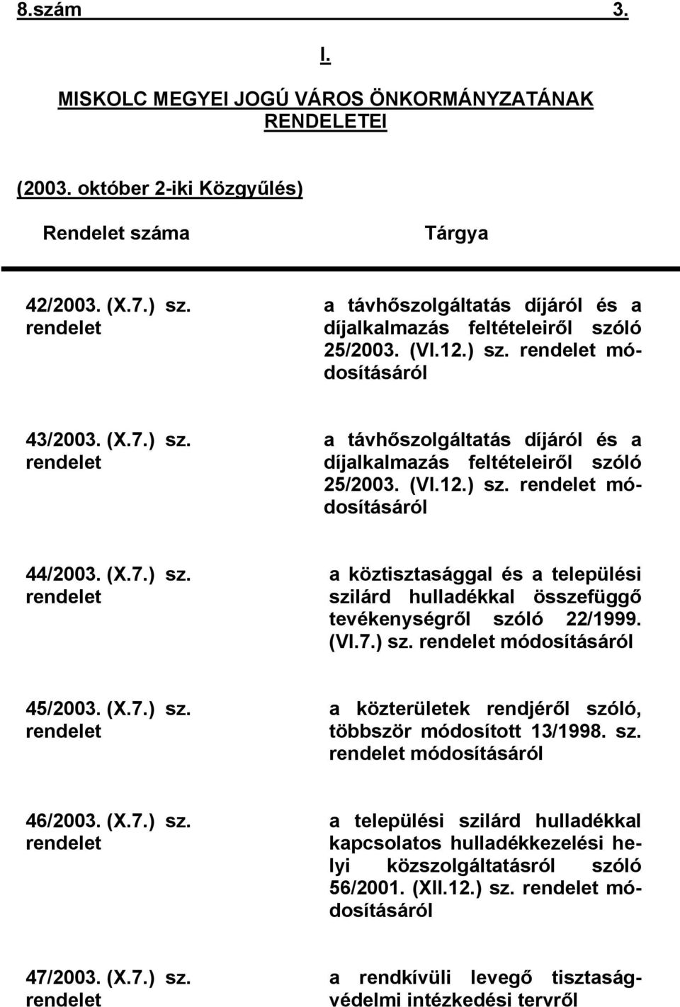 (VI.12.) sz. rendelet módosításáról 44/2003. (X.7.) sz. rendelet a köztisztasággal és a települési szilárd hulladékkal összefüggő tevékenységről szóló 22/1999. (VI.7.) sz. rendelet módosításáról 45/2003.