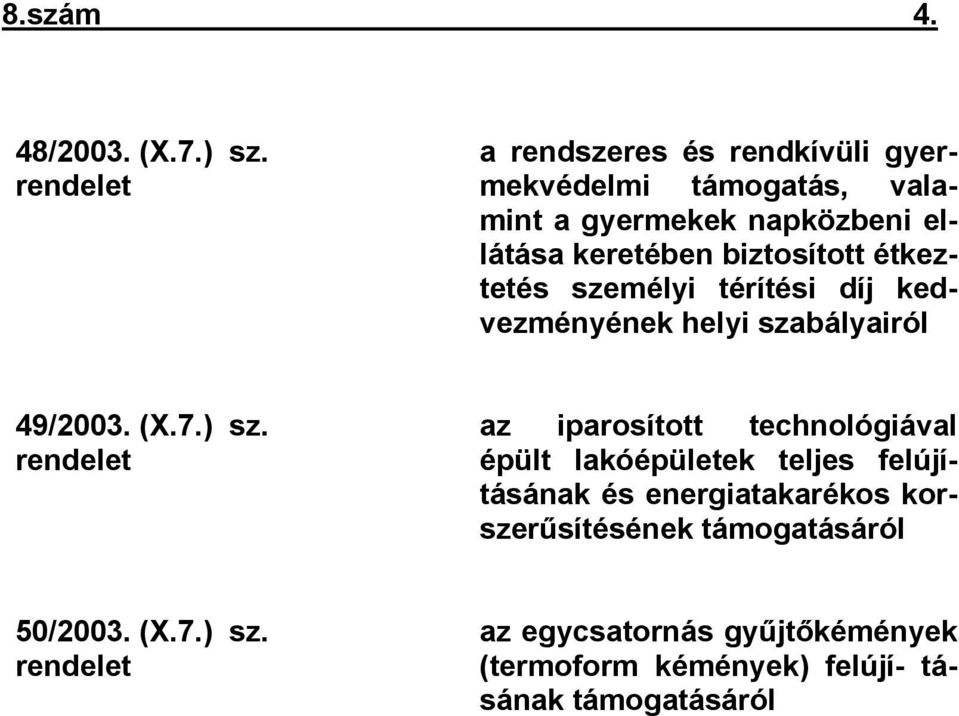 biztosított étkeztetés személyi térítési díj kedvezményének helyi szabályairól 49/2003. (X.7.) sz.