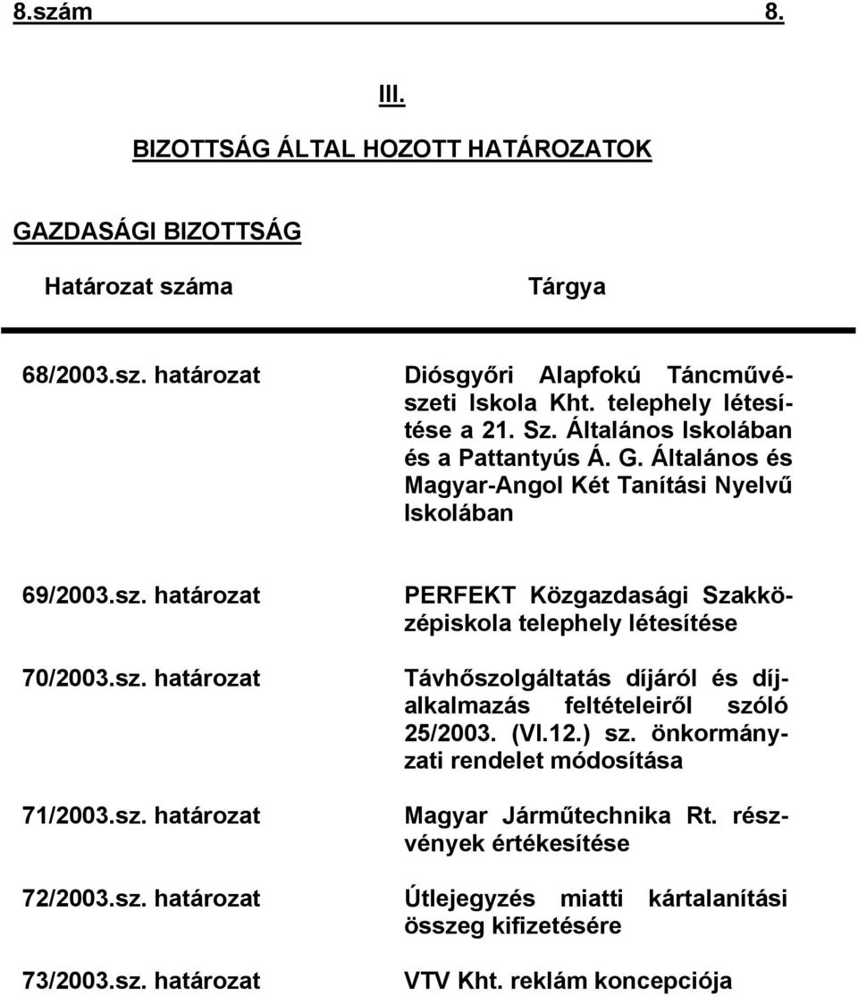 sz. határozat PERFEKT Közgazdasági Szakközépiskola telephely létesítése Távhőszolgáltatás díjáról és díjalkalmazás feltételeiről szóló 25/2003. (VI.12.) sz.