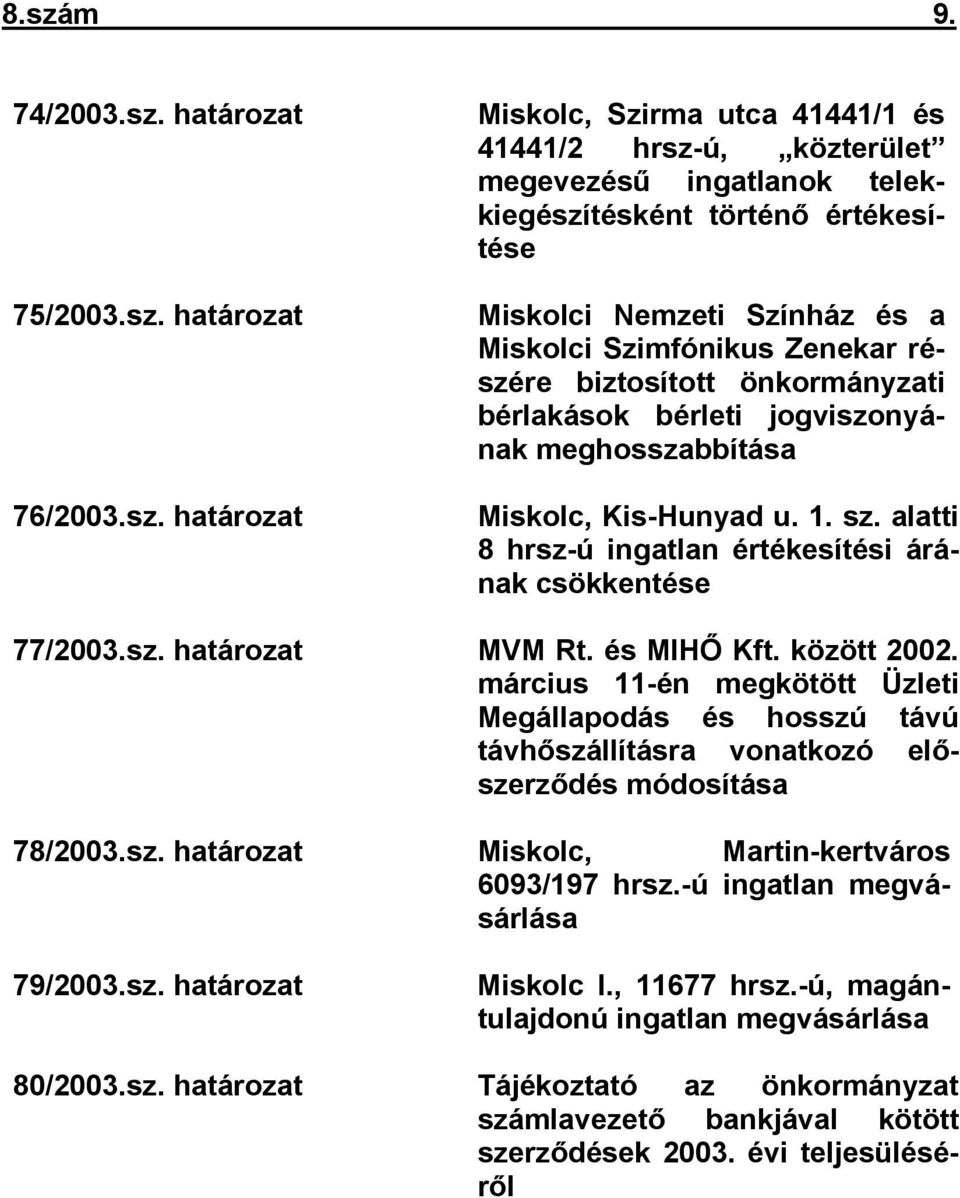 alatti 8 hrsz-ú ingatlan értékesítési árának csökkentése 77/2003.sz. határozat MVM Rt. és MIHŐ Kft. között 2002.