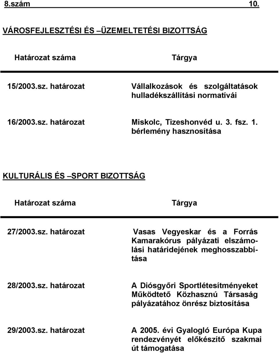 sz. határozat A Diósgyőri Sportlétesítményeket Működtető Közhasznú Társaság pályázatához önrész biztosítása 29/2003.sz. határozat A 2005.