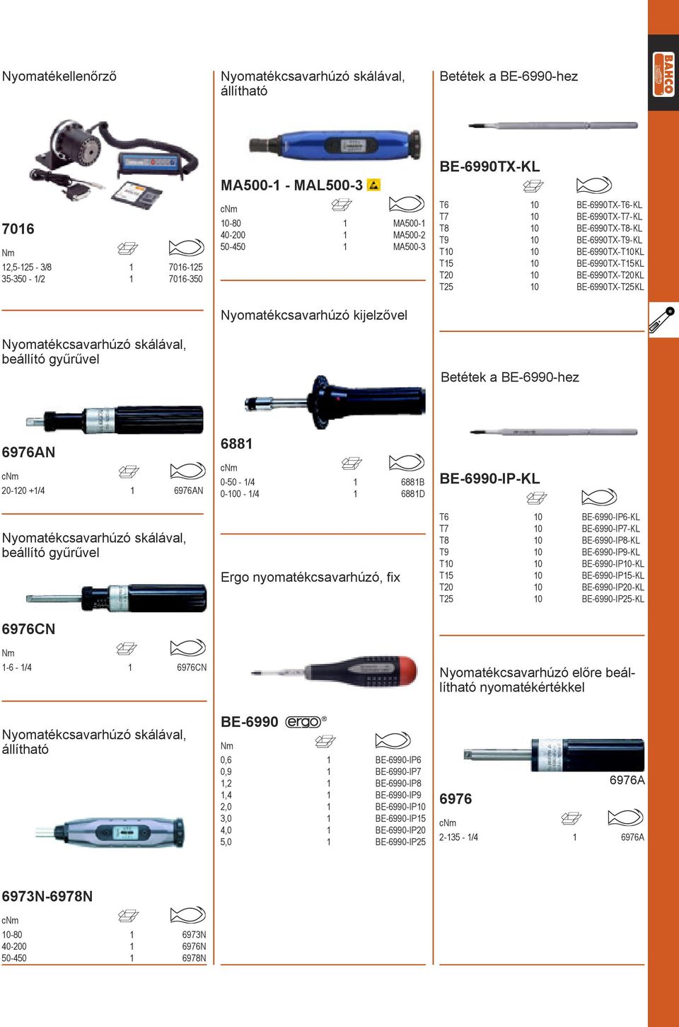 BE-6990TX-T10KL T15 10 BE-6990TX-T15KL T20 10 BE-6990TX-T20KL T25 10 BE-6990TX-T25KL Betétek a BE-6990-hez 6976AN c 20-120 +1/4 1 6976AN Nyomatékcsavarhúzó skálával, beállító gyűrűvel 6881 c 0-50 -