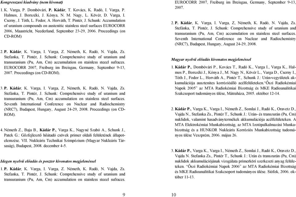 Proceedings (on CD-ROM) 2. P. Kádár, K. Varga, I. Varga, Z. Németh, K. Radó, N. Vajda, Zs. Stefanka, T. Pintér, J.