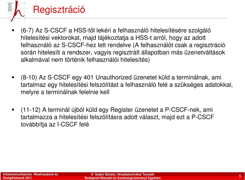 hitelesítés) (8-10) Az S-CSCF egy 401 Unauthorized üzenetet küld a terminálnak, ami tartalmaz egy hitelesítési felszólítást a felhasználó felé a szükséges adatokkal, melyre a