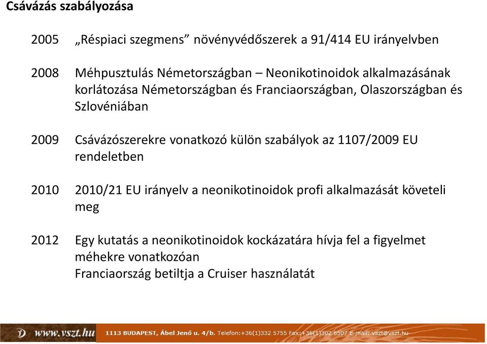 Csávázószerekre vonatkozó külön szabályok az1107/2009eu rendeletben 2010 2010/21EU irányelv a neonikotinoidok profi