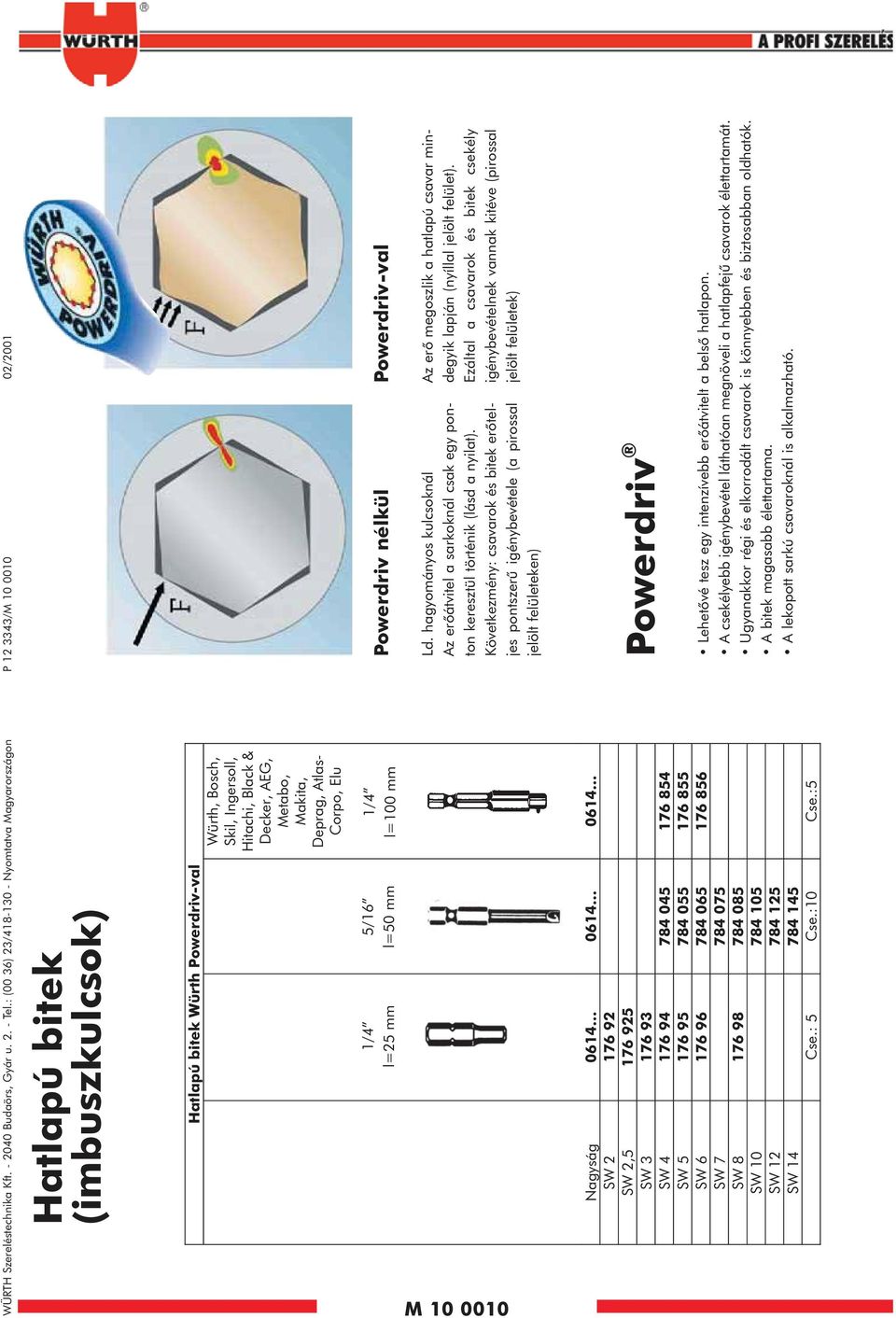 Metabo, Makita, Deprag, Atlas- Corpo, Elu Powerdriv-val Powerdriv nélkül /4 l=00 5/6 l=50 /4 l=25 Az erõ megoszlik a hatlapú csavar mindegyik lapján (nyíllal jelölt felület).