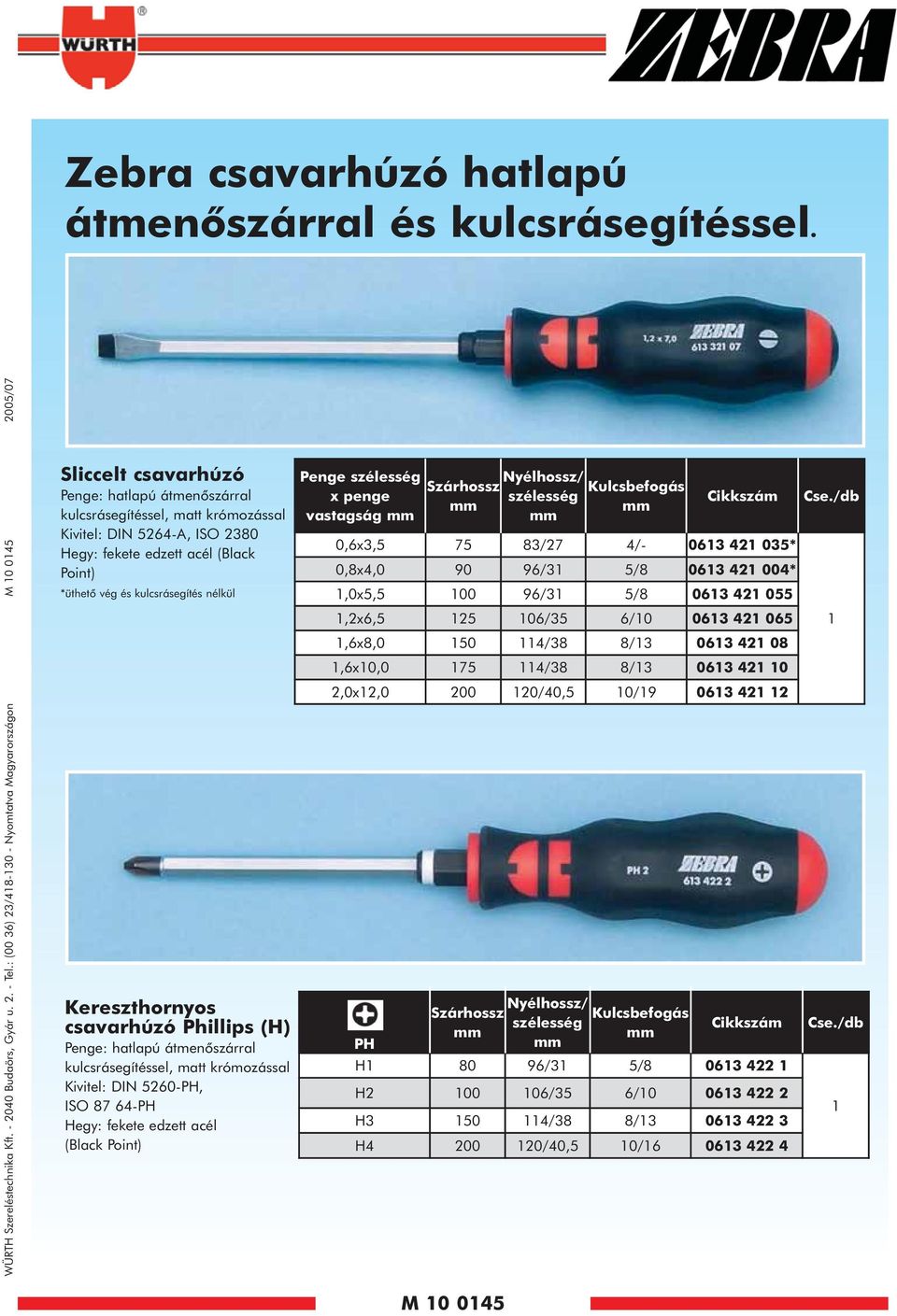 acél (Black Point) *üthetõ vég és kulcsrásegítés nélkül Kereszthornyos csavarhúzó Phillips (H) Penge: hatlapú átmenõszárral kulcsrásegítéssel, matt krómozással Kivitel: DIN 5260-PH, ISO 87 64-PH