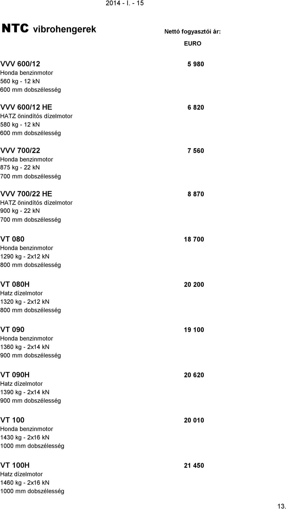 560 Honda benzinmotor 875 kg - 22 kn 700 mm dobszélesség VVV 700/22 HE 8 870 HATZ önindítós dízelmotor 900 kg - 22 kn 700 mm dobszélesség VT 080 18 700 Honda benzinmotor 1290 kg - 2x12 kn