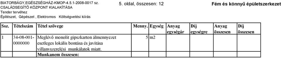 Egység Anyag egységár 1 34-08-001- Meglévő monolit gipszkarton