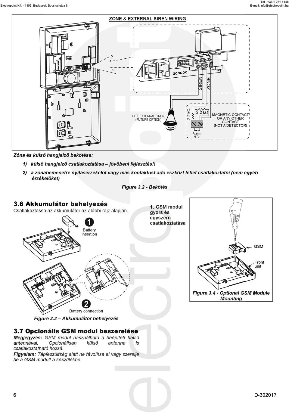 ! 2) a zónabemenetre nyitásérzékelőt vagy más kontaktust adó eszközt lehet csatlakoztatni (nem egyéb érzékelőket) Figure 3.2 - Bekötés 3.