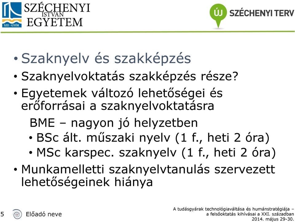 jó helyzetben BSc ált. műszaki nyelv (1 f., heti 2 óra) MSc karspec.