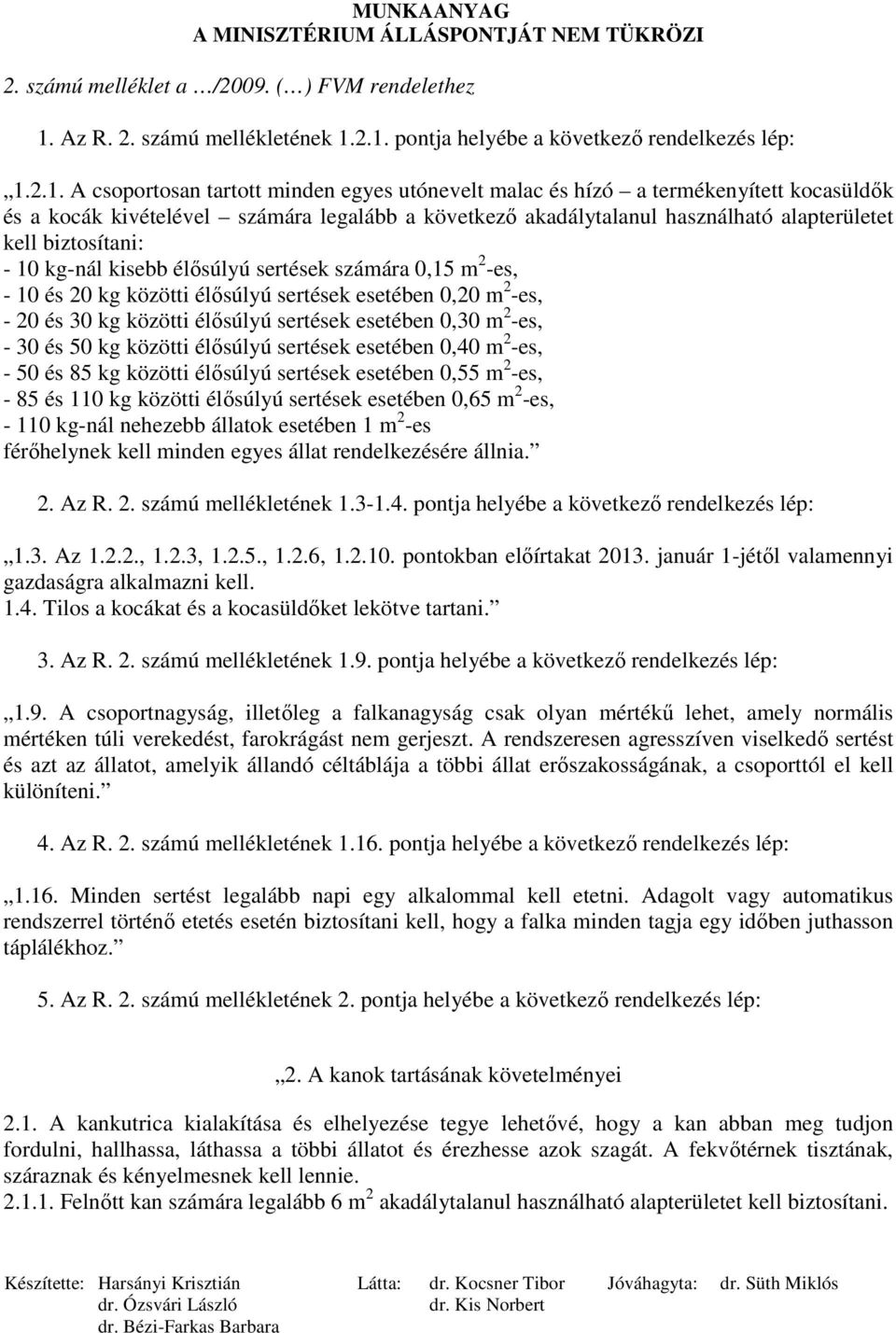 2.1. pontja helyébe a következı rendelkezés lép: 1.2.1. A csoportosan tartott minden egyes utónevelt malac és hízó a termékenyített kocasüldık és a kocák kivételével számára legalább a következı