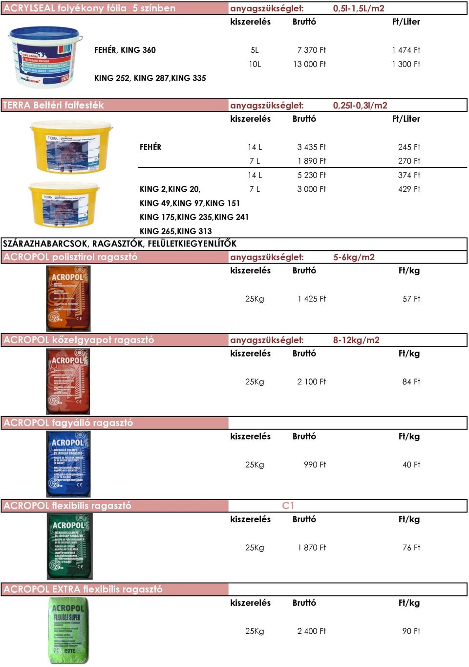 151 KING 175,KING 235,KING 241 KING 265,KING 313 SZÁRAZHABARCSOK, RAGASZTÓK, FELÜLETKIEGYENLÍTŐK ACROPOL polisztirol ragasztó anyagszükséglet: 5-6kg/m2 25Kg 1 425 Ft 57 Ft ACROPOL kőzetgyapot