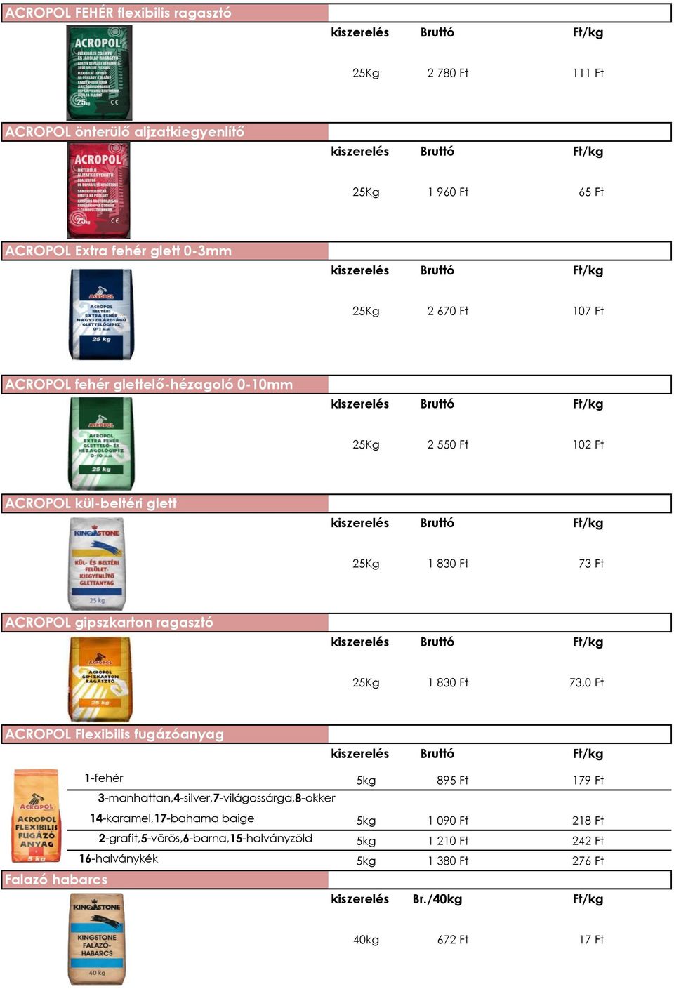 830 Ft 73,0 Ft ACROPOL Flexibilis fugázóanyag 1-fehér 5kg 895 Ft 179 Ft 3-manhattan,4-silver,7-világossárga,8-okker 14-karamel,17-bahama baige 5kg 1 090