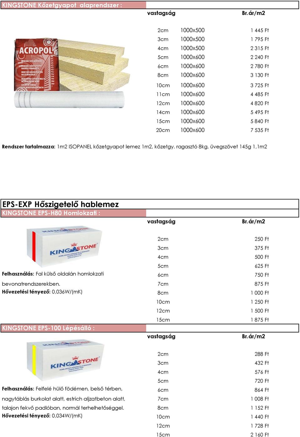 ragasztó 8kg, üvegszövet 145g 1,1m2 EPS-EXP Hőszigetelő hablemez KINGSTONE EPS-H80 Homlokzati : 250 Ft 375 Ft 500 Ft 625 Ft Felhasználás: Fal külső oldalán homlokzati 6cm 750 Ft bevonatrendszerekben.