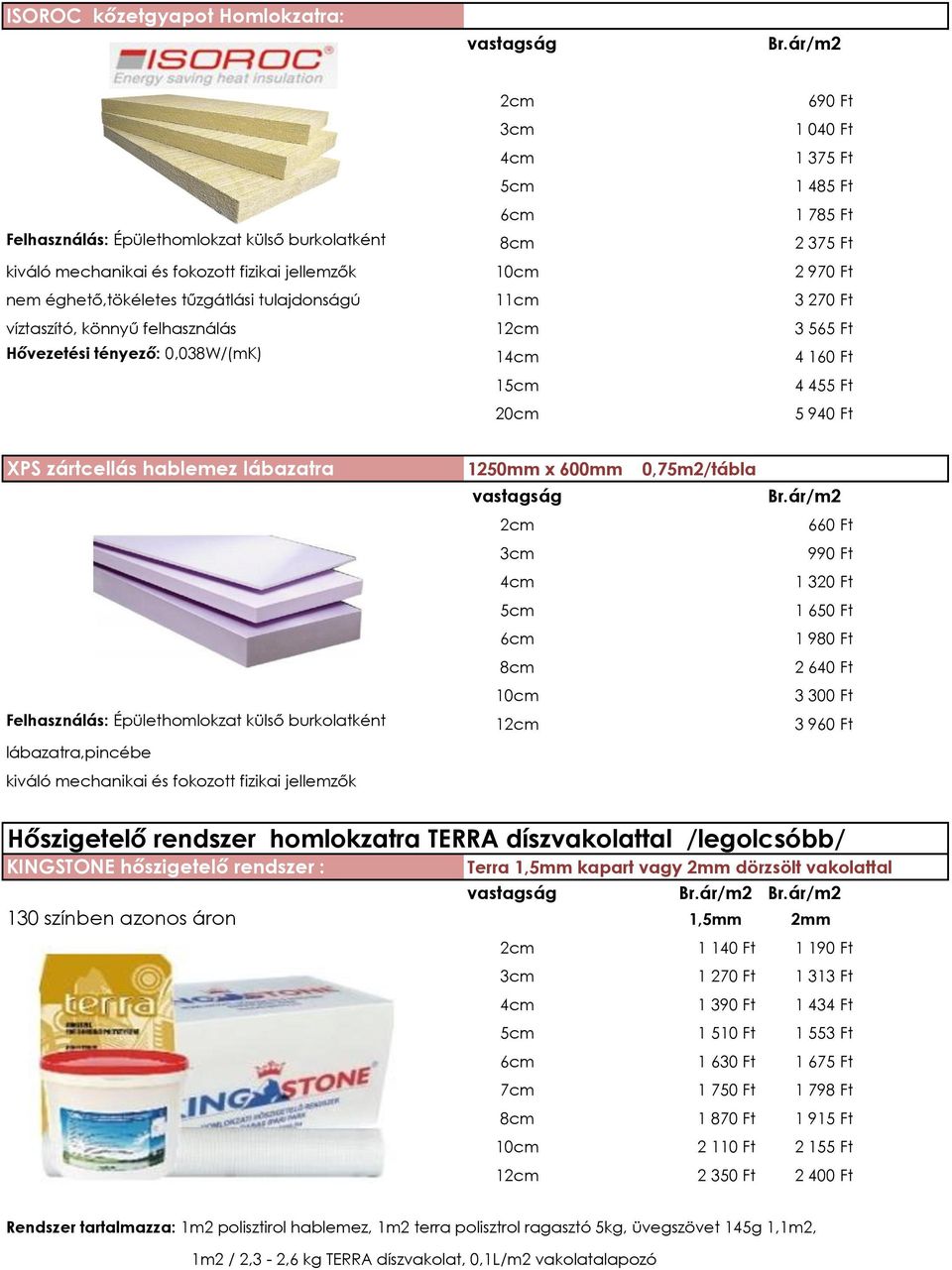 lábazatra 1250mm x 600mm 0,75m2/tábla 660 Ft 990 Ft 1 320 Ft 1 650 Ft 6cm 1 980 Ft 8cm 2 640 Ft 10cm 3 300 Ft Felhasználás: Épülethomlokzat külső burkolatként 1 3 960 Ft lábazatra,pincébe kiváló