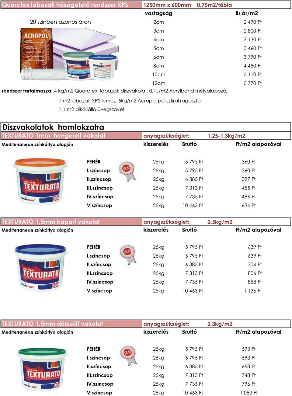 TEXTURATO 1mm hengerelt vakolat anyagszükséglet: 1,25-1,3kg/m2 Mediterranean színkártya alapján kiszerelés Bruttó Ft/m2 alapozóval FEHÉR 25kg 5 795 Ft 360 Ft I.színcsop 25kg 5 795 Ft 360 Ft II.