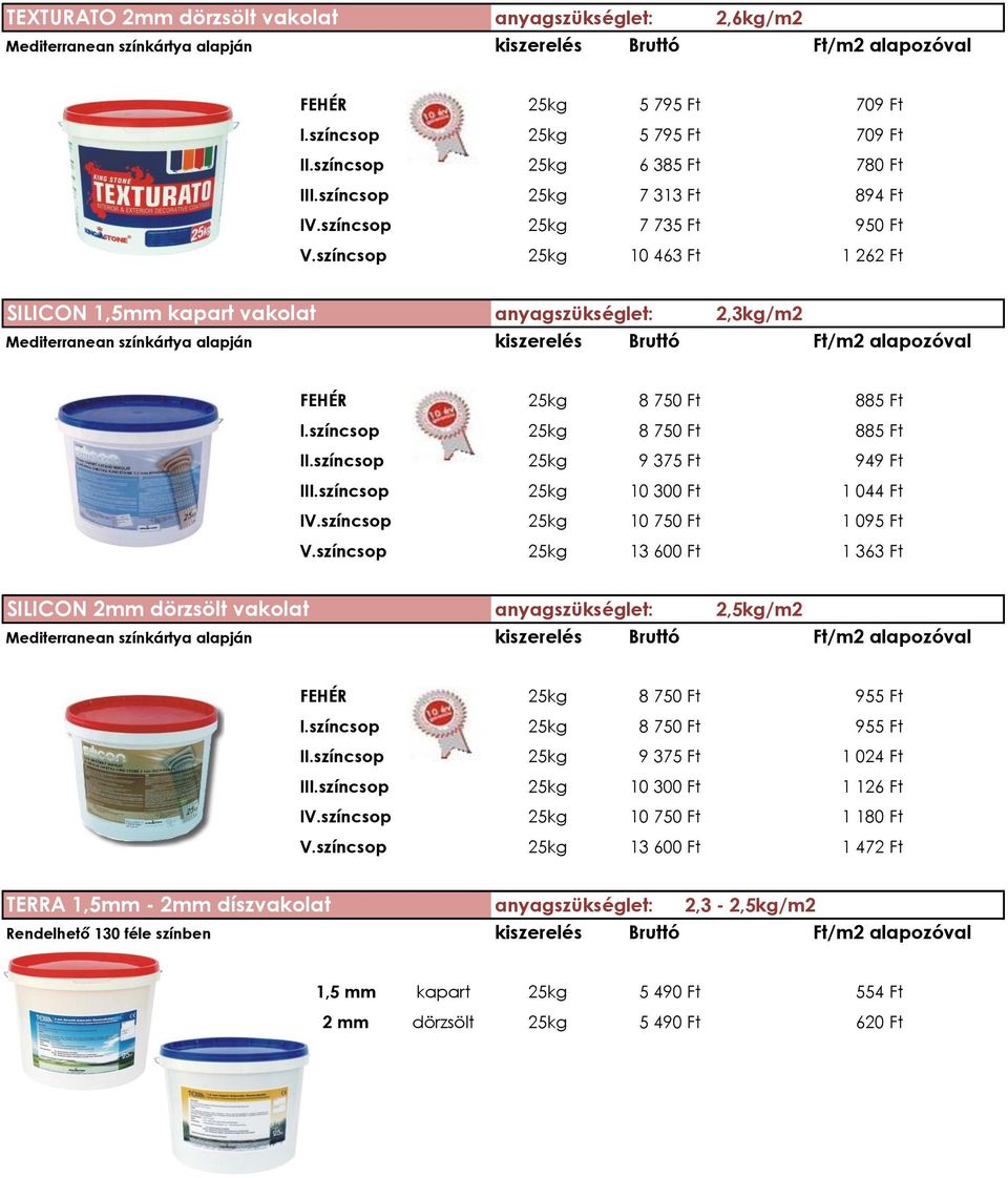 színcsop 25kg 10 463 Ft 1 262 Ft SILICON 1,5mm kapart vakolat anyagszükséglet: 2,3kg/m2 Mediterranean színkártya alapján kiszerelés Bruttó Ft/m2 alapozóval FEHÉR 25kg 8 750 Ft 885 Ft I.