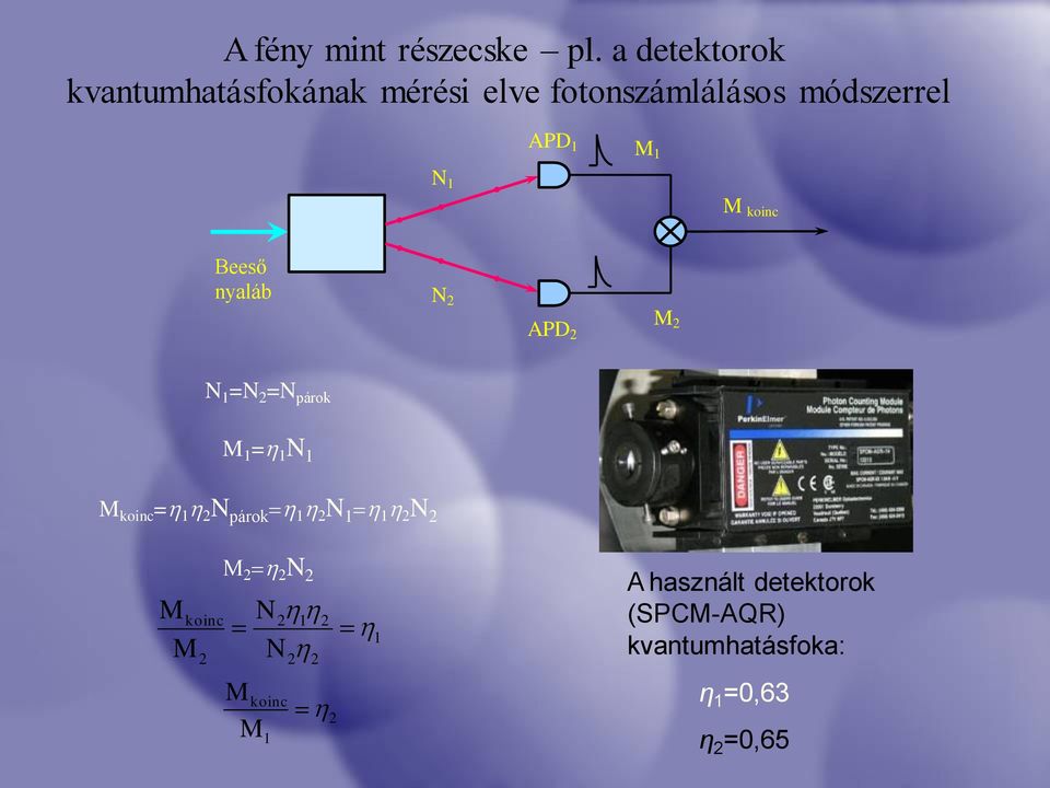 koinc Beeső nyaláb N 2 APD 2 M 2 N 1 =N 2 =N párok M 1 =h 1 N 1 M koinc =h 1 h 2 N párok =h