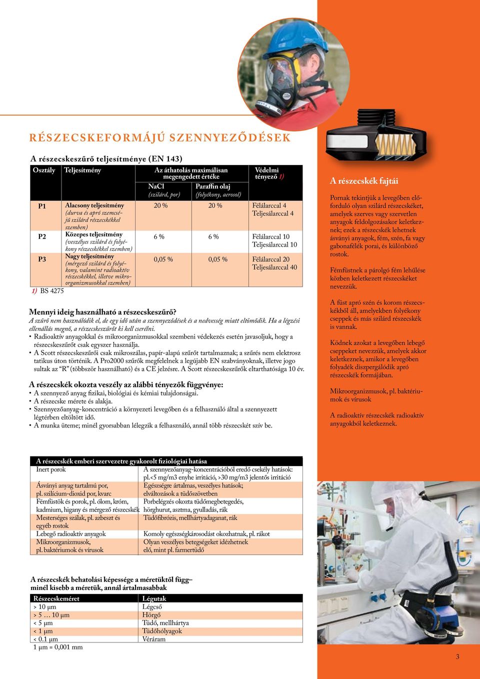 és folyékony részecskékkel szemben) Teljesálarccal 10 Nagy teljesítmény P3 0,05 % 0,05 % Félálarccal 20 (mérgező szilárd és folyékony, valamint radioaktív Teljesálarccal 40 részecskékkel, illetve