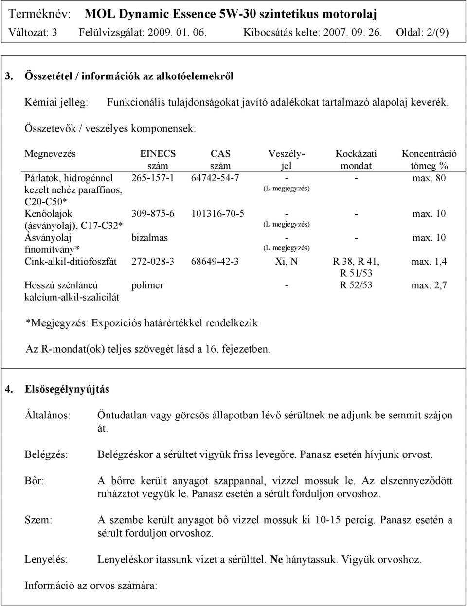 Összetevők / veszélyes komponensek: Megnevezés Párlatok, hidrogénnel kezelt nehéz paraffinos, C20-C50* Kenőolajok (ásványolaj), C17-C32* Ásványolaj finomítvány* EINECS szám CAS szám Veszélyjel