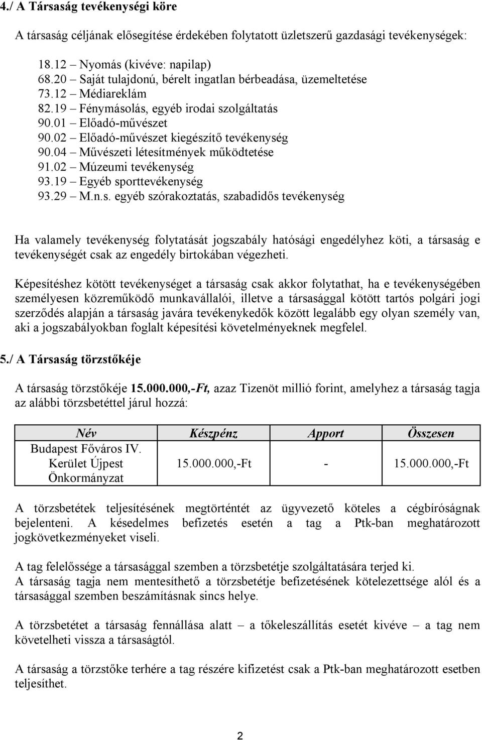 04 Művészeti létesítmények működtetése 91.02 Múzeumi tevékenység 93.19 Egyéb sporttevékenység 93.29 M.n.s. egyéb szórakoztatás, szabadidős tevékenység Ha valamely tevékenység folytatását jogszabály hatósági engedélyhez köti, a társaság e tevékenységét csak az engedély birtokában végezheti.