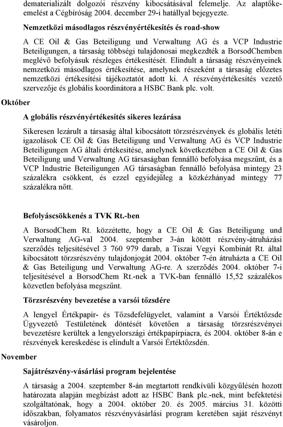 meglévő befolyásuk részleges értékesítését. Elindult a társaság részvényeinek nemzetközi másodlagos értékesítése, amelynek részeként a társaság előzetes nemzetközi értékesítési tájékoztatót adott ki.