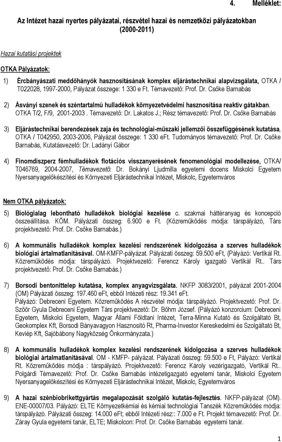 Csőke Barnabás 2) Ásványi szenek és széntartalmú hulladékok környezetvédelmi hasznosítása reaktív gátakban. OTKA T/2, F/9, 2001-2003. Témavezető: Dr.