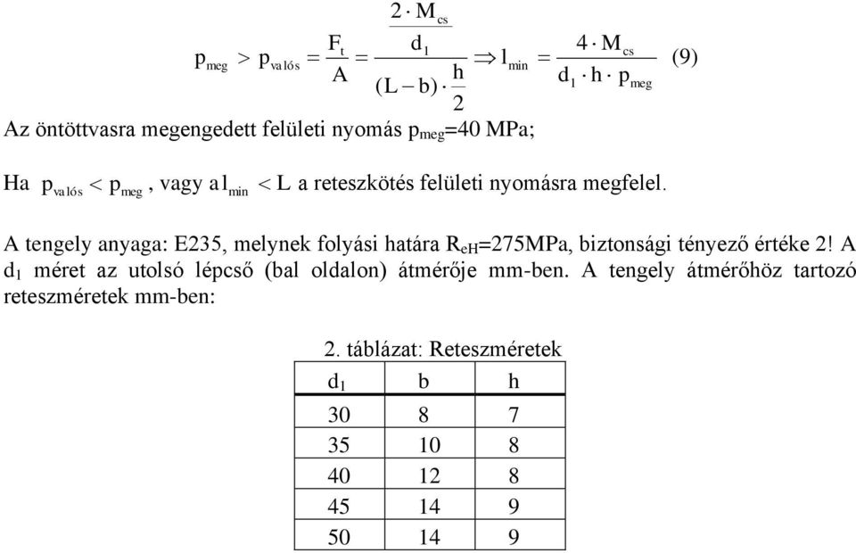 valós meg A tengely anyaga: E235, melynek folyási határa R eh =275MPa, biztonsági tényező értéke 2!