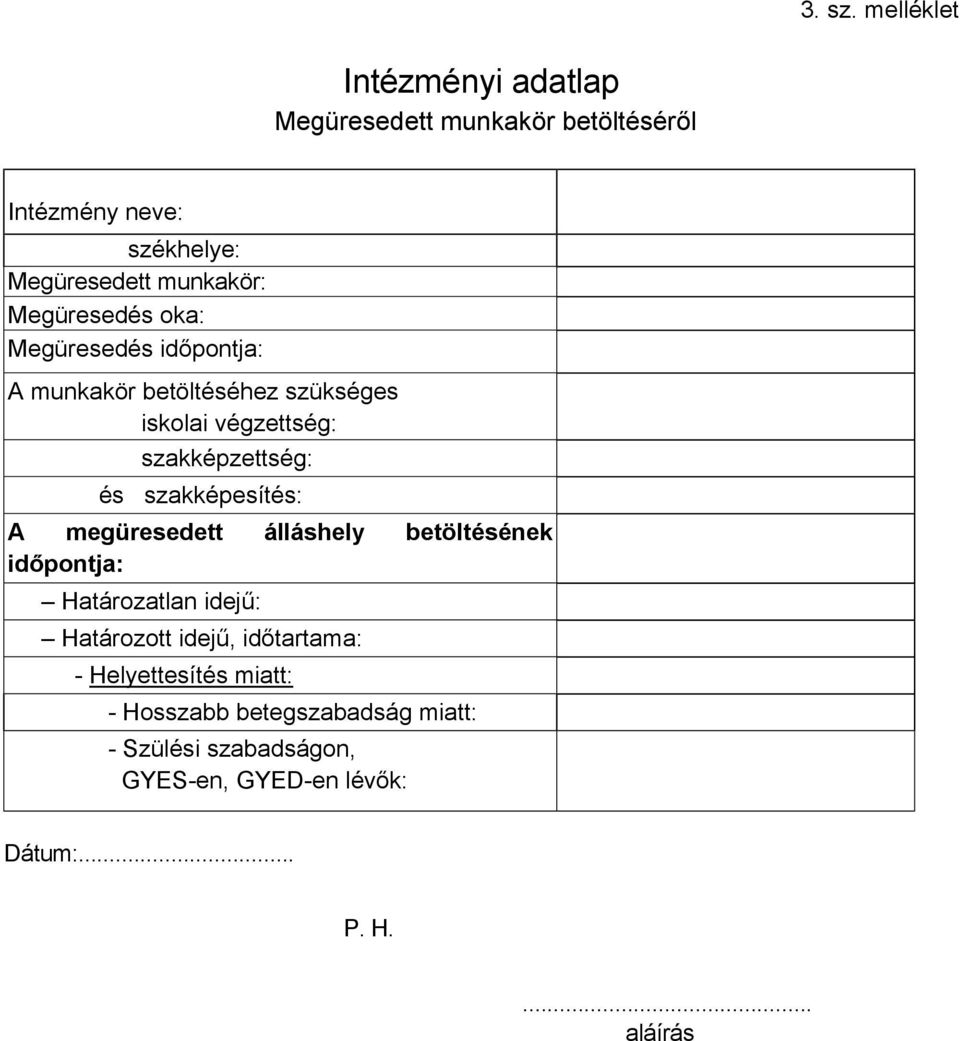 Megüresedés oka: Megüresedés időpontja: A munkakör betöltéséhez szükséges iskolai végzettség: szakképzettség: és