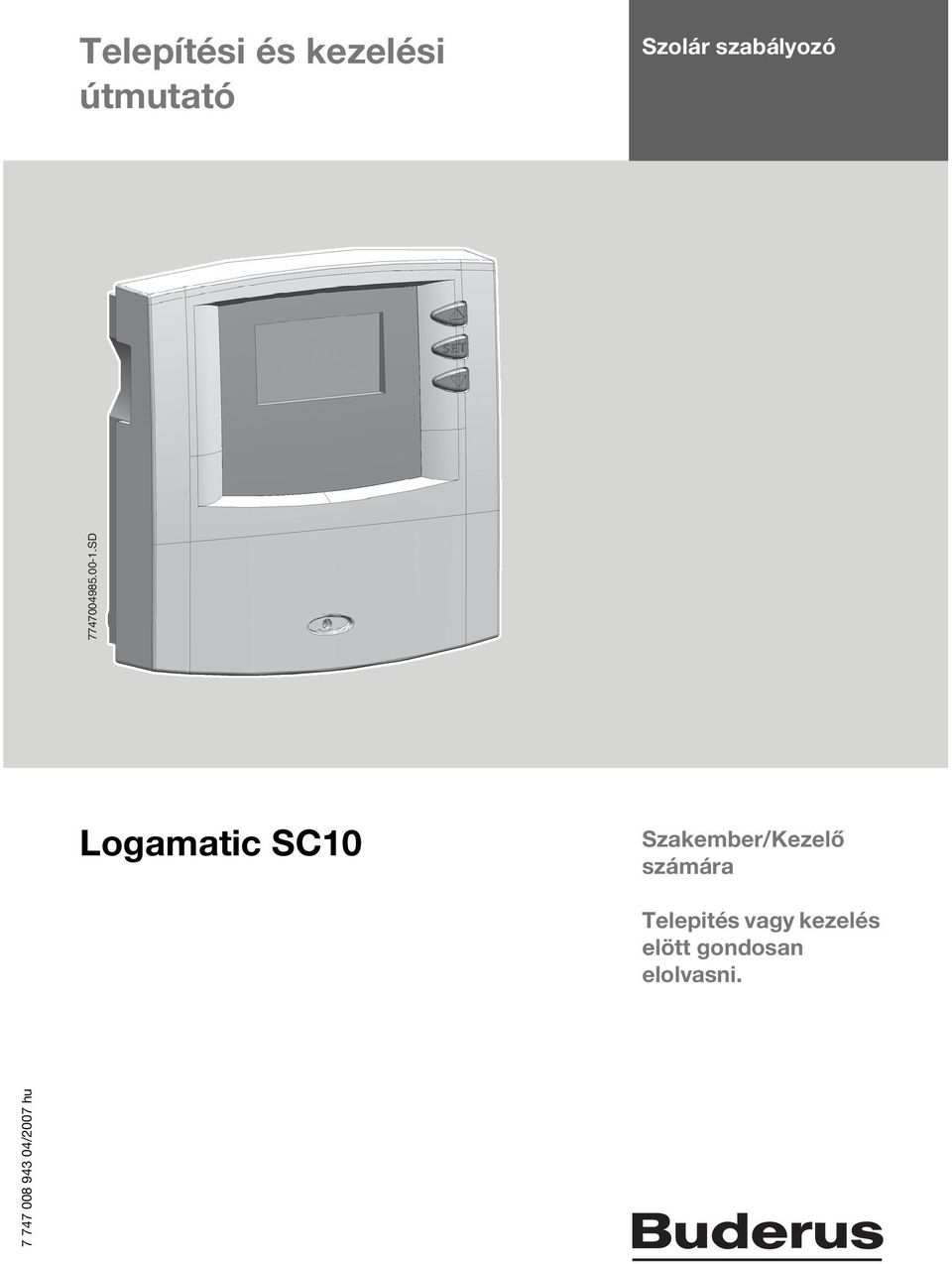 SD Logamatic SC10 Szakember/Kezelő számára