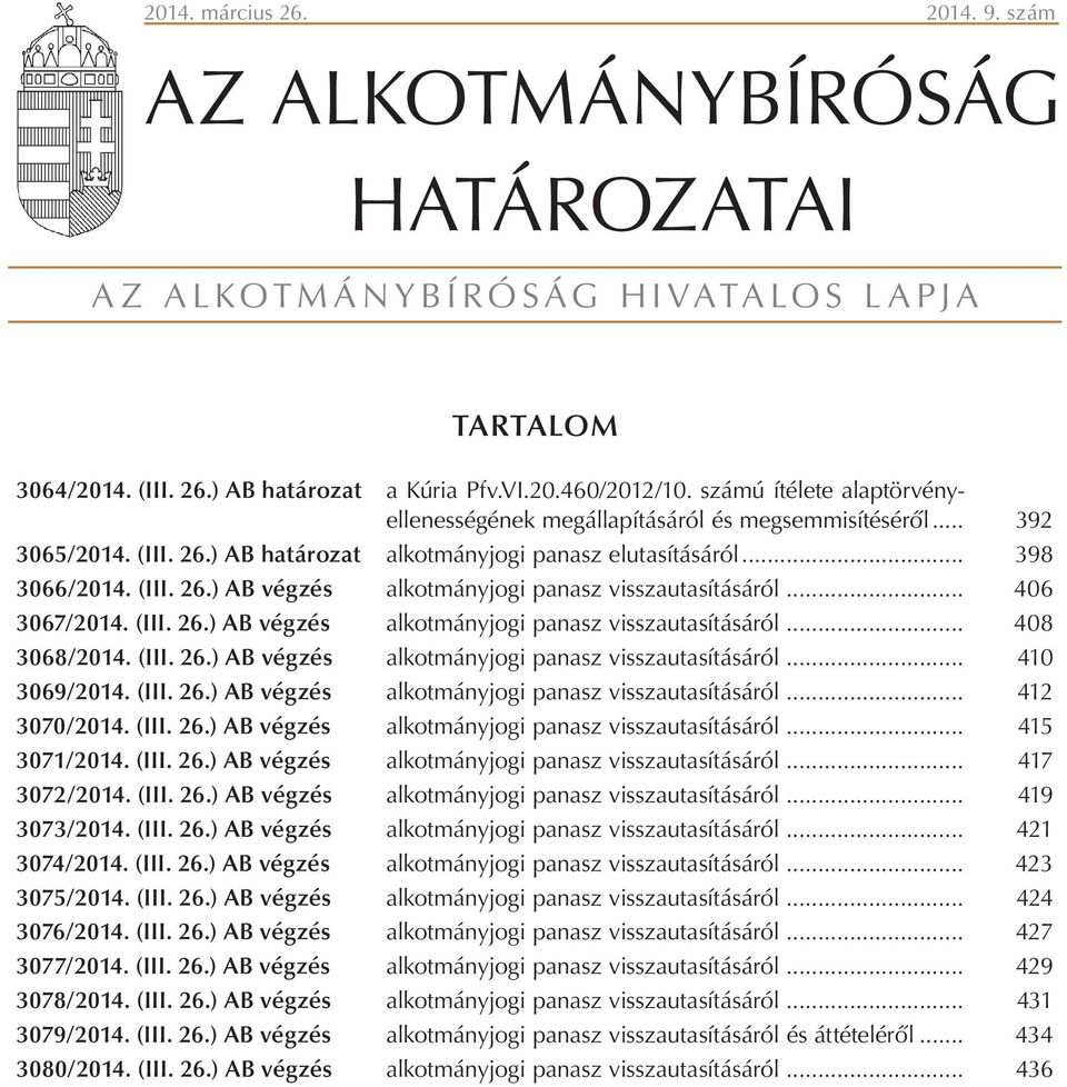 .. 406 3067/2014. (III. 26.) AB végzés alkotmányjogi panasz visszautasításáról... 408 3068/2014. (III. 26.) AB végzés alkotmányjogi panasz visszautasításáról... 410 3069/2014. (III. 26.) AB végzés alkotmányjogi panasz visszautasításáról... 412 3070/2014.