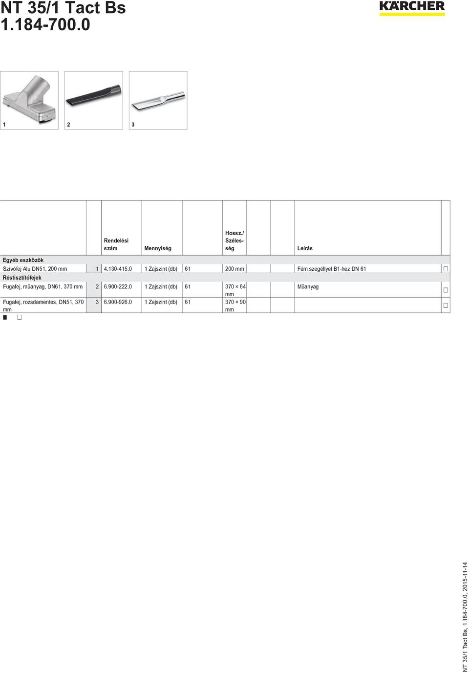 0 1 Zajszint (db) 61 200 mm Fém szegéllyel B1-hez DN 61 Réstisztítófejek